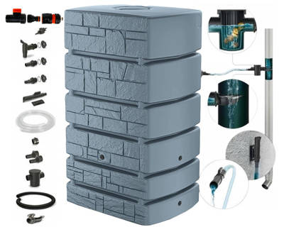 Kompletny zestaw zbiornik na deszczówkę TOWER STONE, smooth gray, 500L + zestaw przyłączy z filtrem i kranem