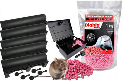 Skuteczna trutka na szczury i myszy Diablo Forte granulat 1 kg + 6 karmników deratyzacyjnych z kluczykami